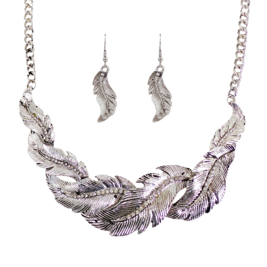 Silver Textured Feather Necklace Earring Set With Crystals In Antique Finish New 20$